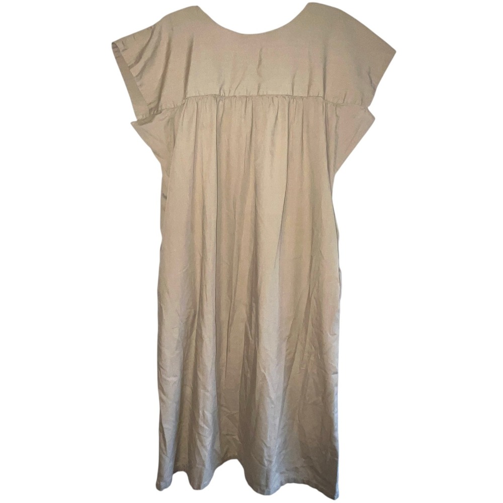 Vintage Tan‎ Floral Applique Shift Mumu Dress Short Sleeve Pockets Tan M - Picture 2 of 9